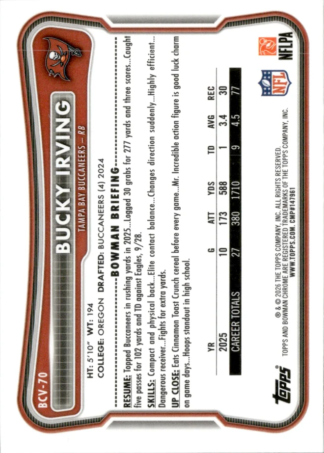 Bucky Irving card back