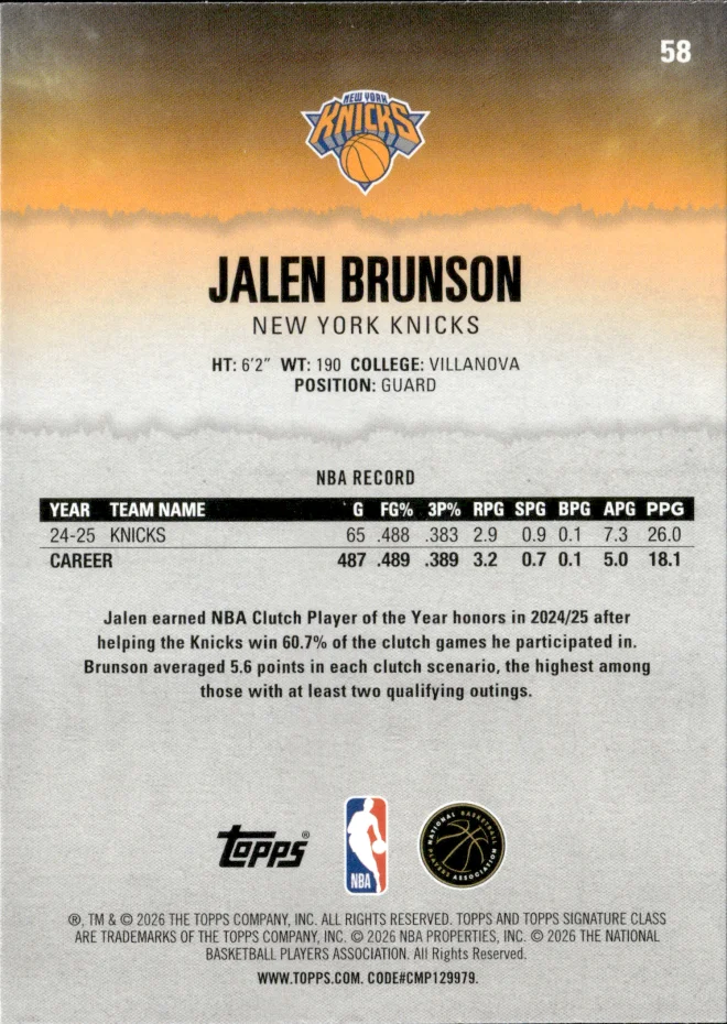 Jalen Brunson card back