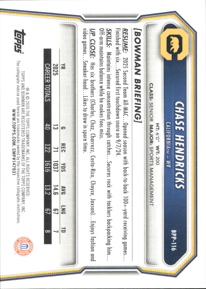 Chase Hendricks card back