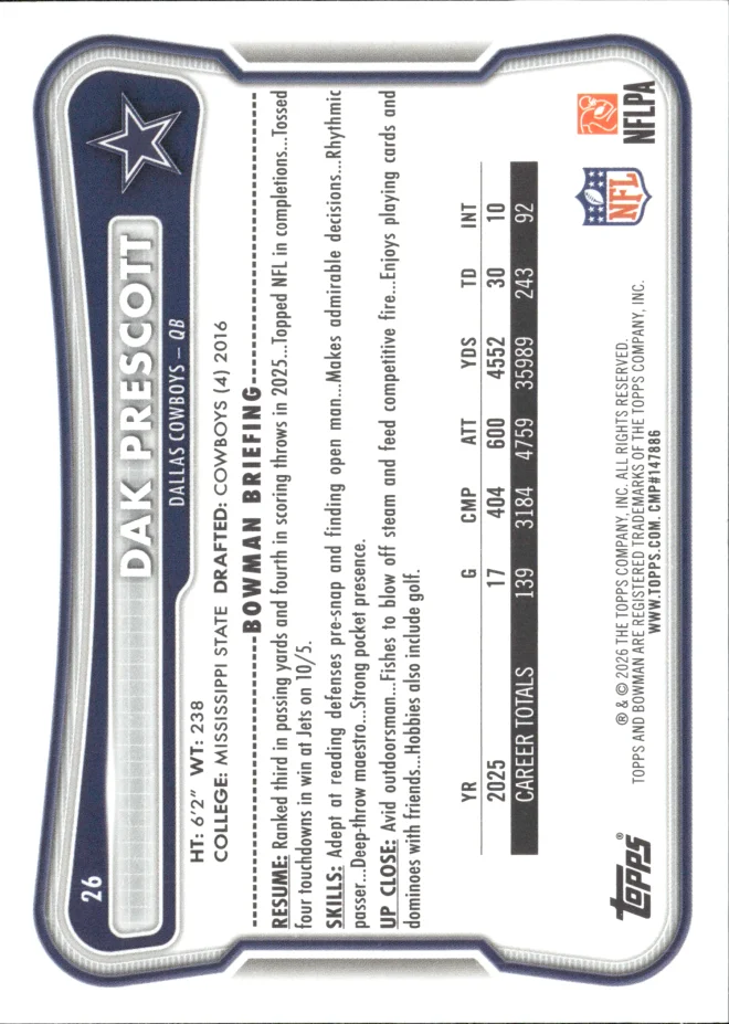 Dak Prescott card back
