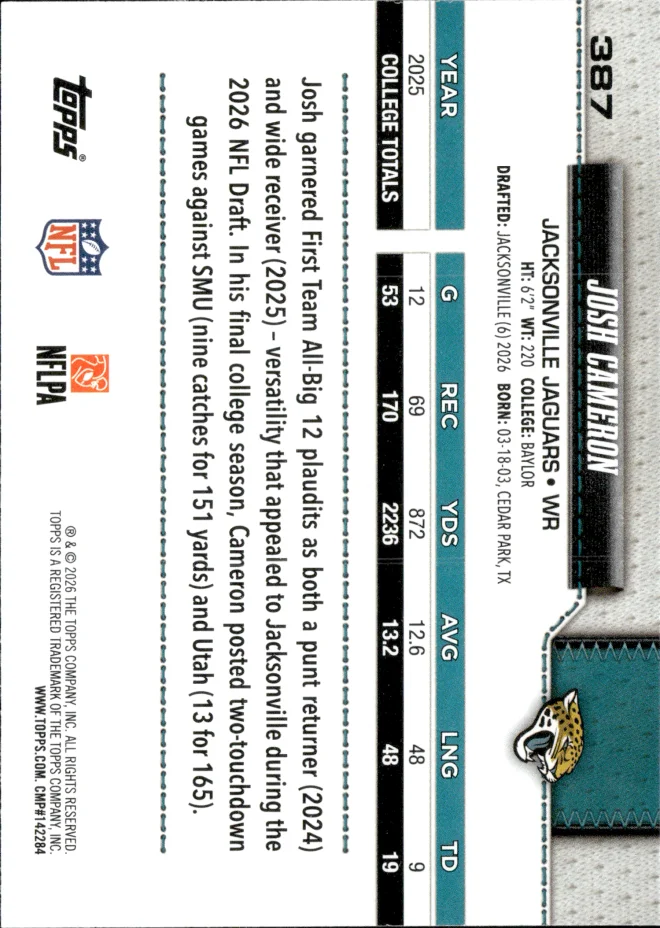 Josh Cameron card back