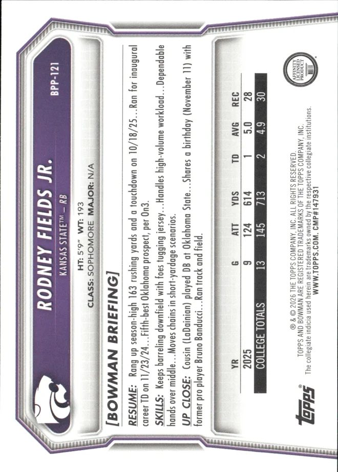 Rodney Fields Jr. card back