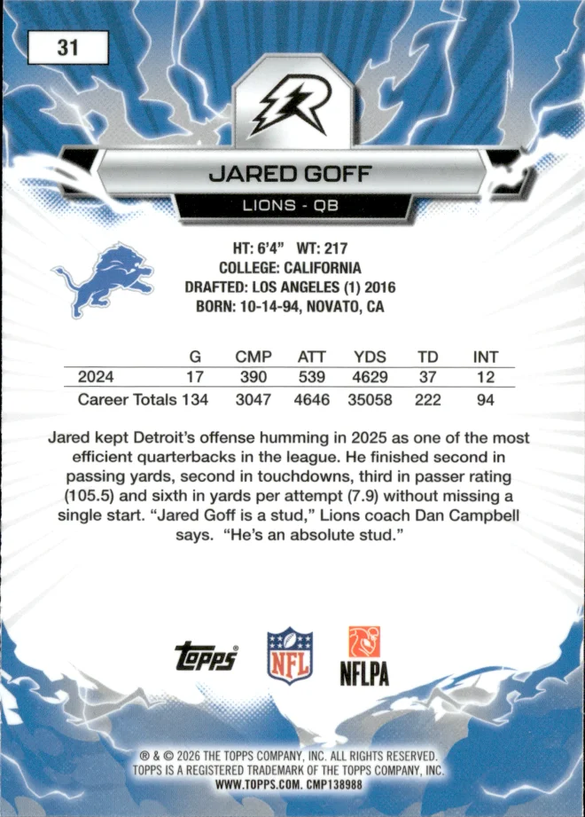 Jared Goff card back