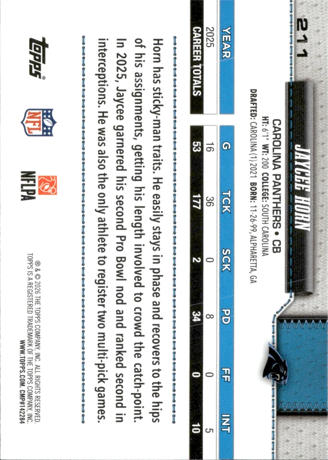 Jaycee Horn card back
