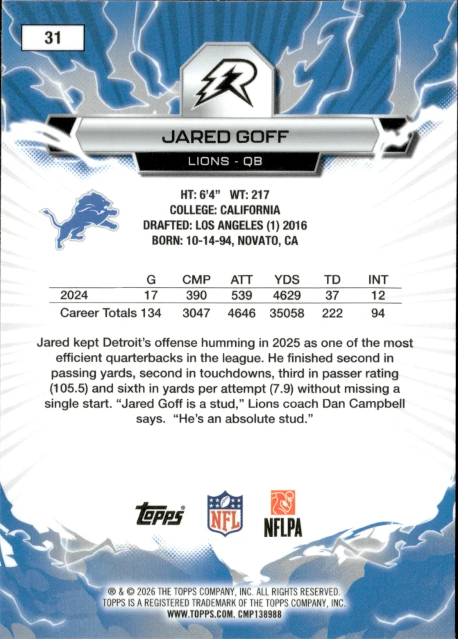 Jared Goff card back
