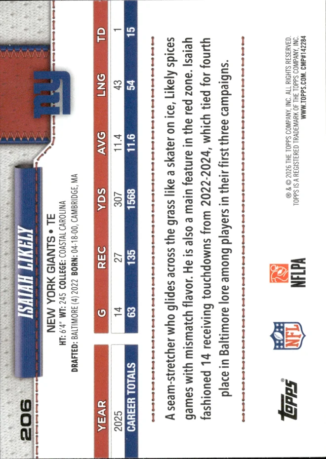 Isaiah Likely card back