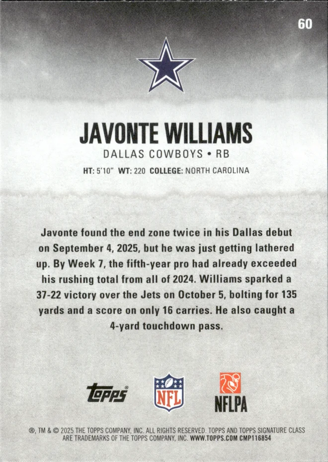 Javonte Williams card back