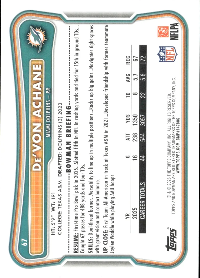 De'Von Achane card back