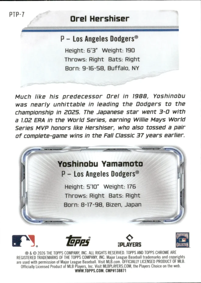 Orel Hershiser / Yoshinobu Yamamoto card back