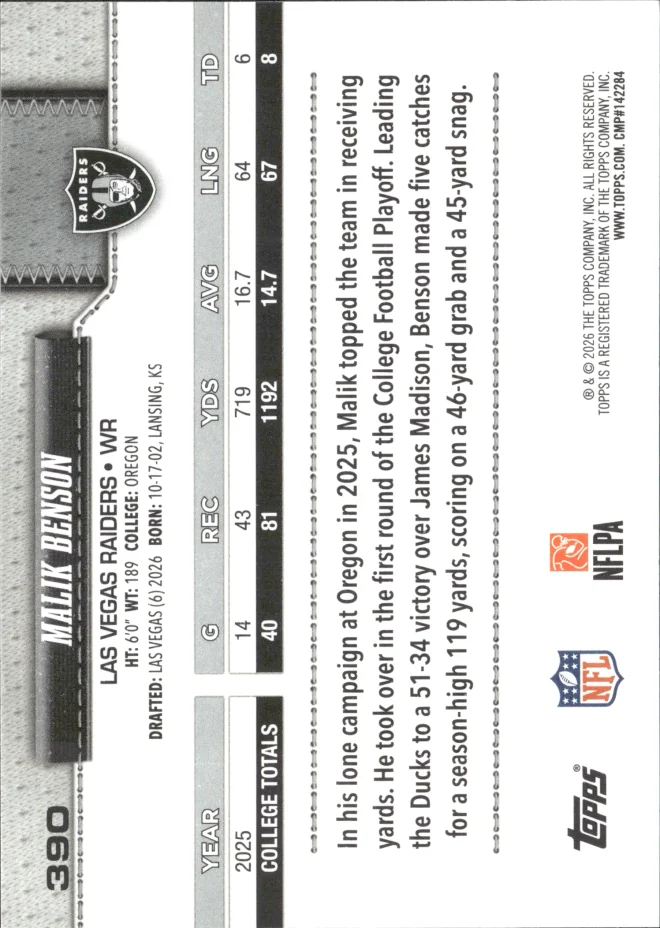 Malik Benson card back