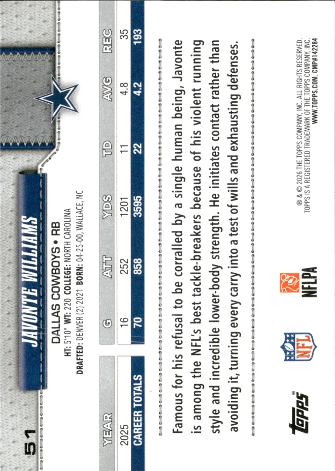 Javonte Williams card back