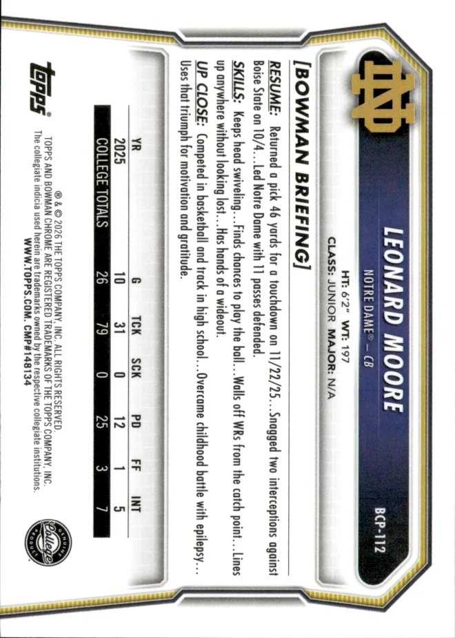 Leonard Moore card back