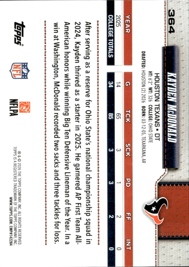 Kayden McDonald card back