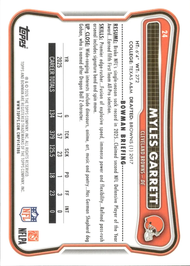 Myles Garrett card back