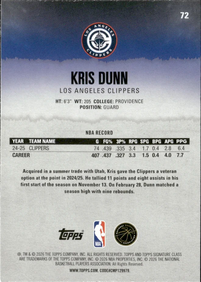 Kris Dunn card back