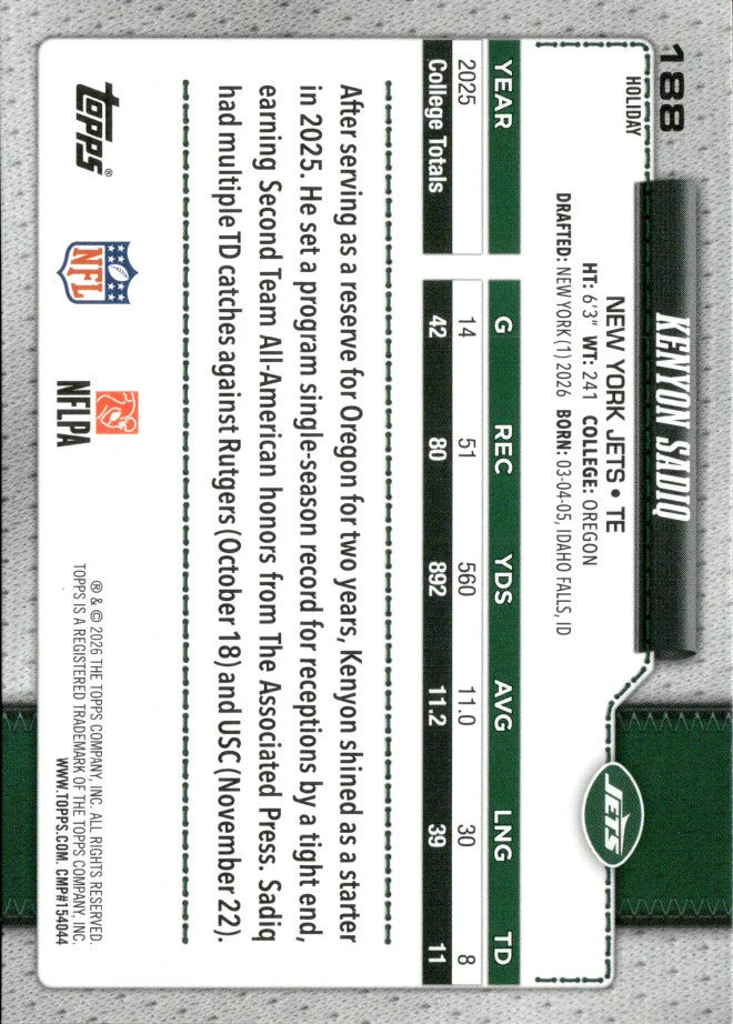 Kenyon Sadiq card back