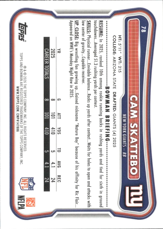 Cam Skattebo card back