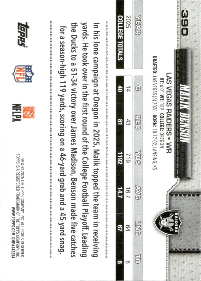 Malik Benson card back