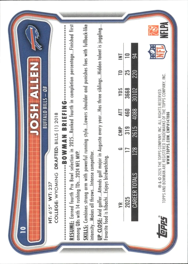 Josh Allen card back