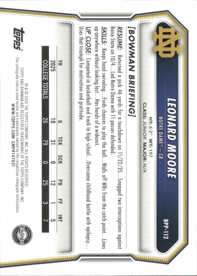 Leonard Moore card back