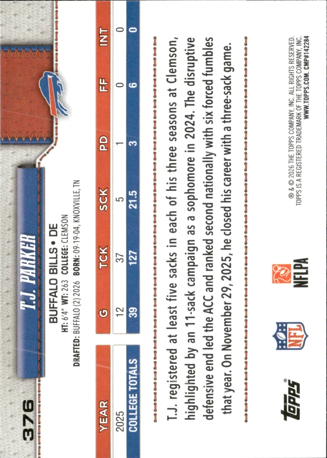 T.J. Parker card back