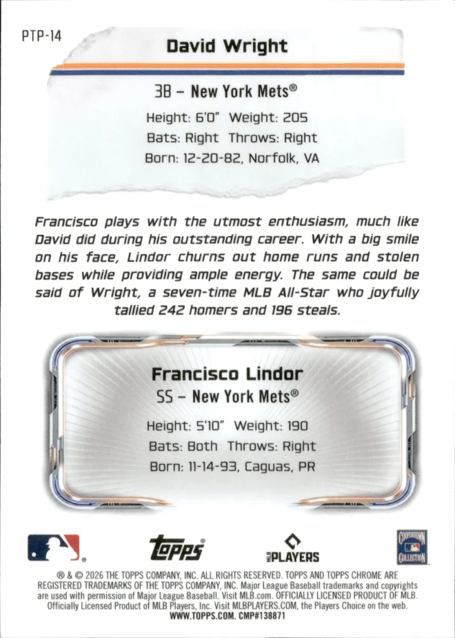 David Wright / Francisco Lindor card back
