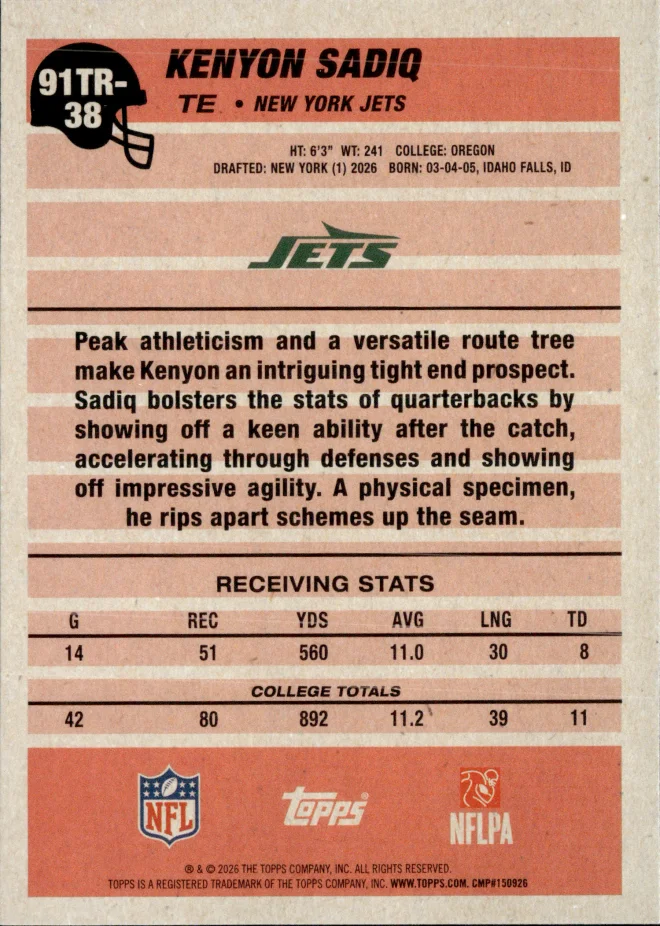 Kenyon Sadiq card back