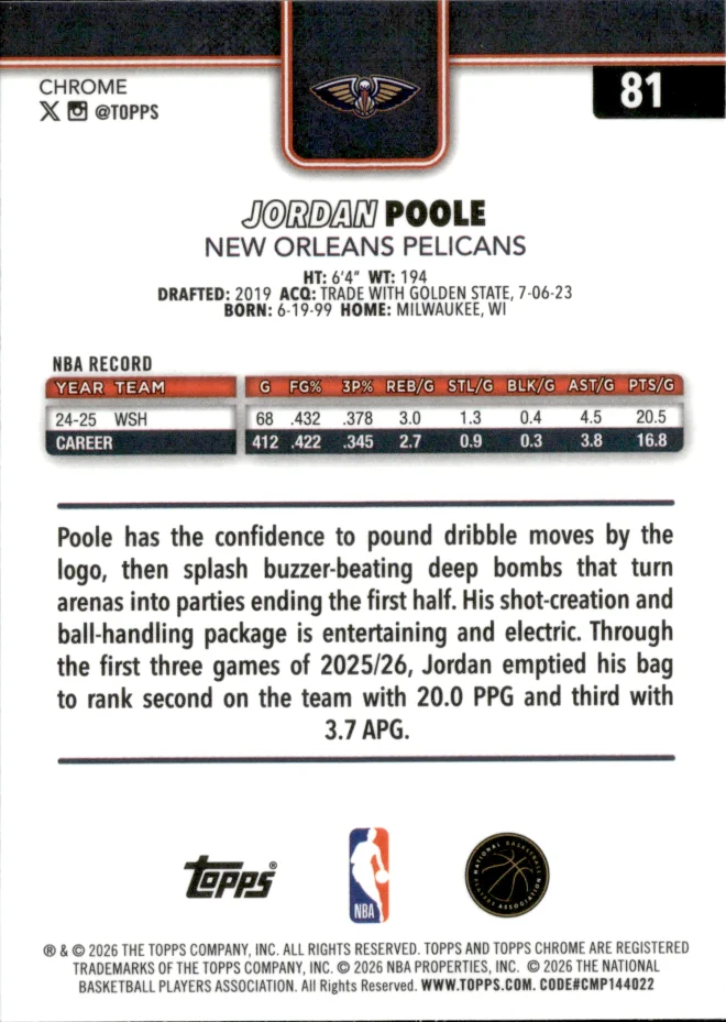 Jordan Poole card back