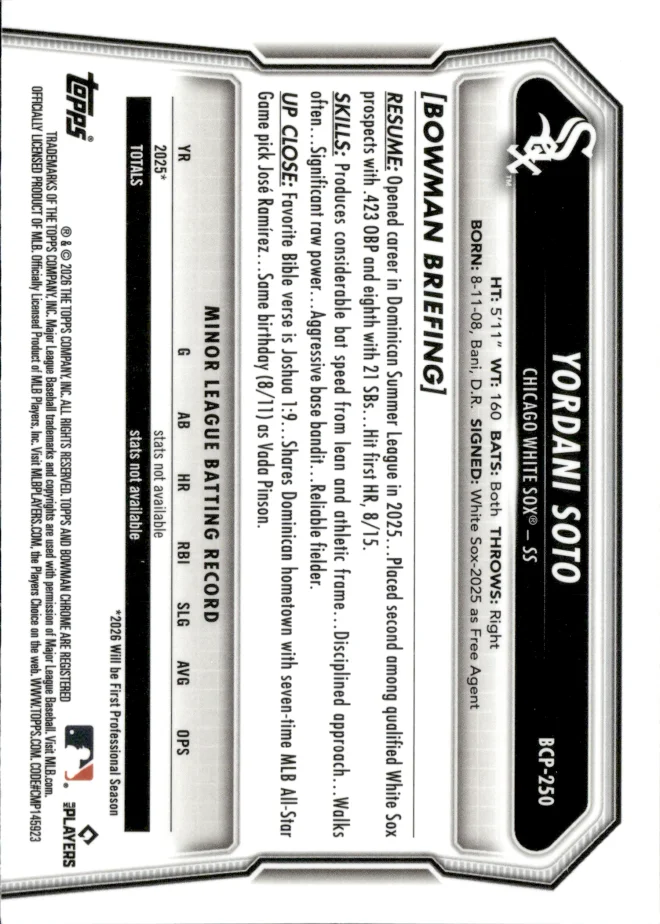 Yordani Soto card back