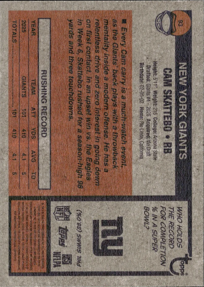 Cam Skattebo card back