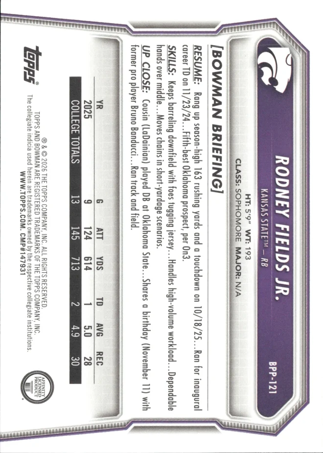 Rodney Fields Jr. card back