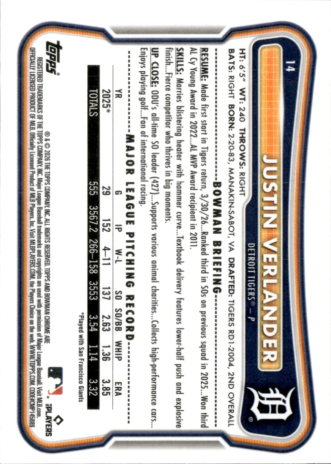 Justin Verlander card back