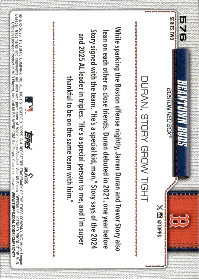Jarren Duran / Trevor Story card back