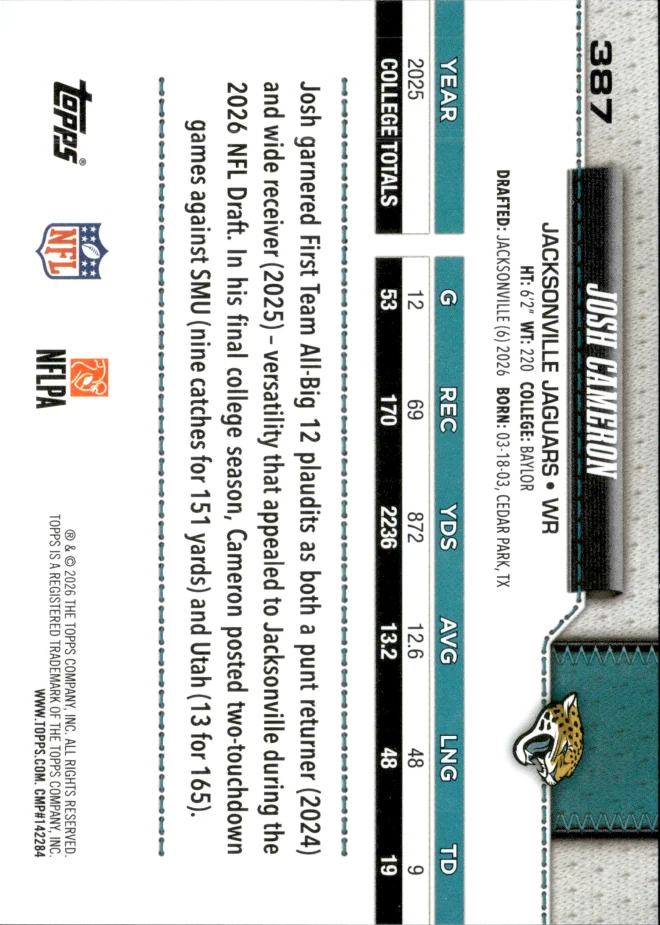 Josh Cameron card back