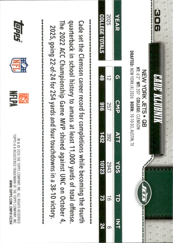 Cade Klubnik card back