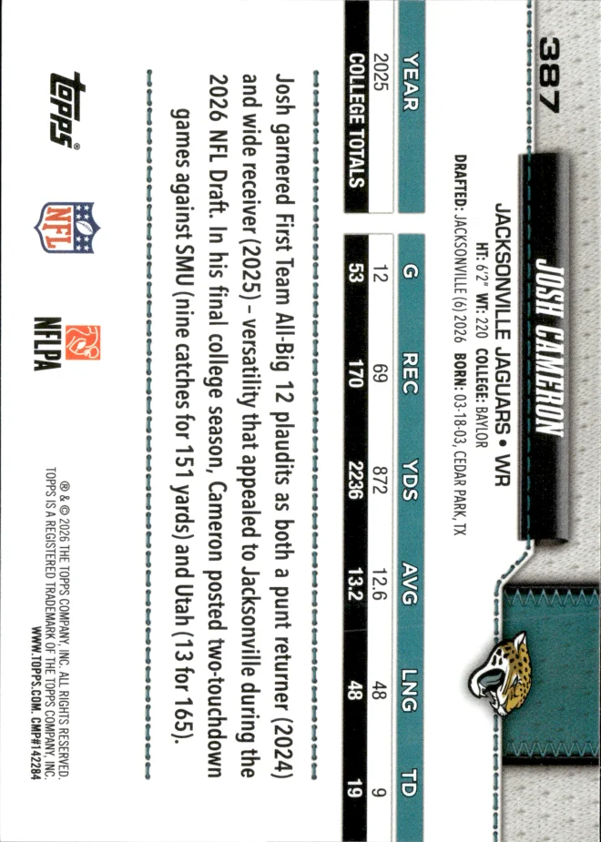 Josh Cameron card back