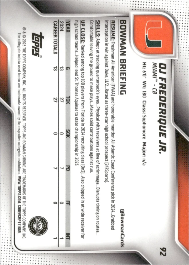 OJ Frederique Jr. card back