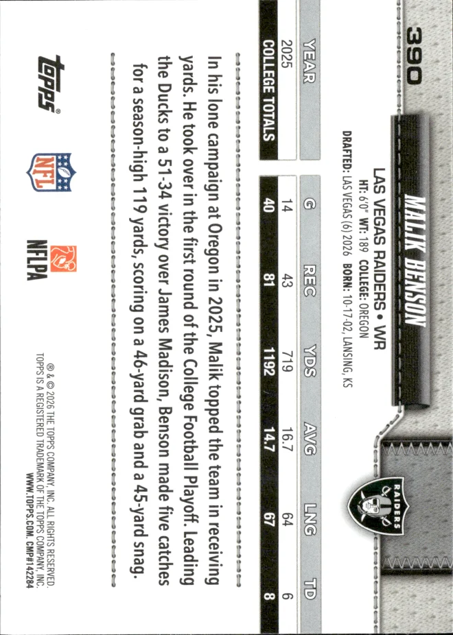 Malik Benson card back