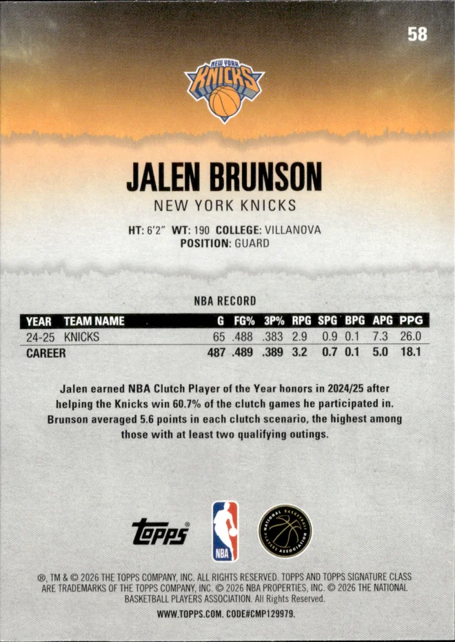 Jalen Brunson card back