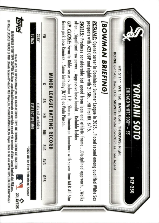 Yordani Soto card back
