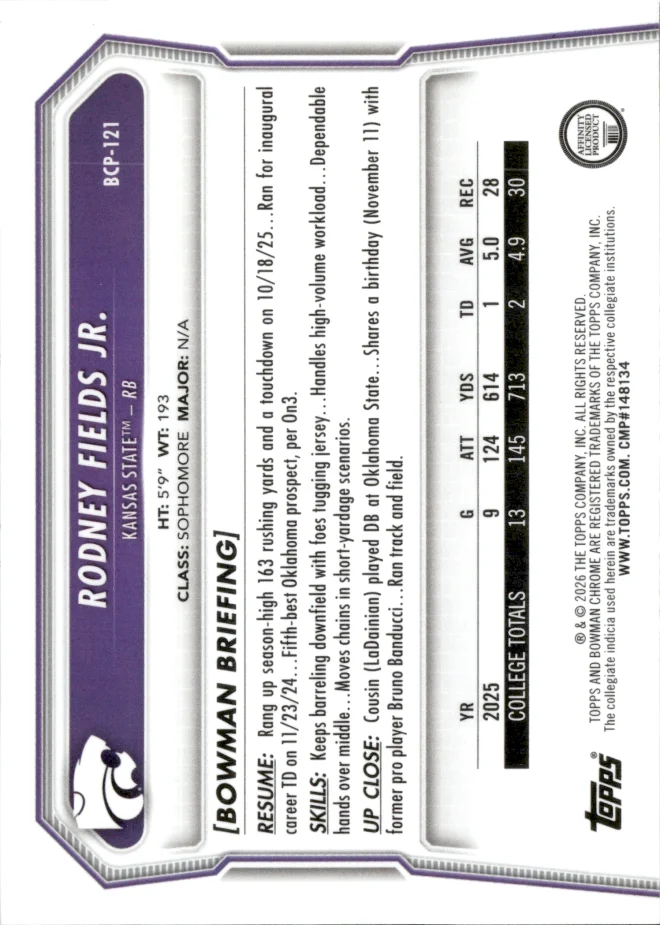 Rodney Fields Jr. card back