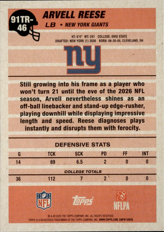 Arvell Reese card back