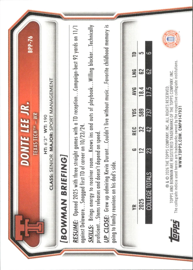 Donte Lee Jr. card back