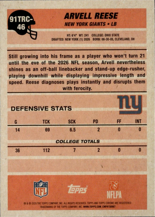 Arvell Reese card back