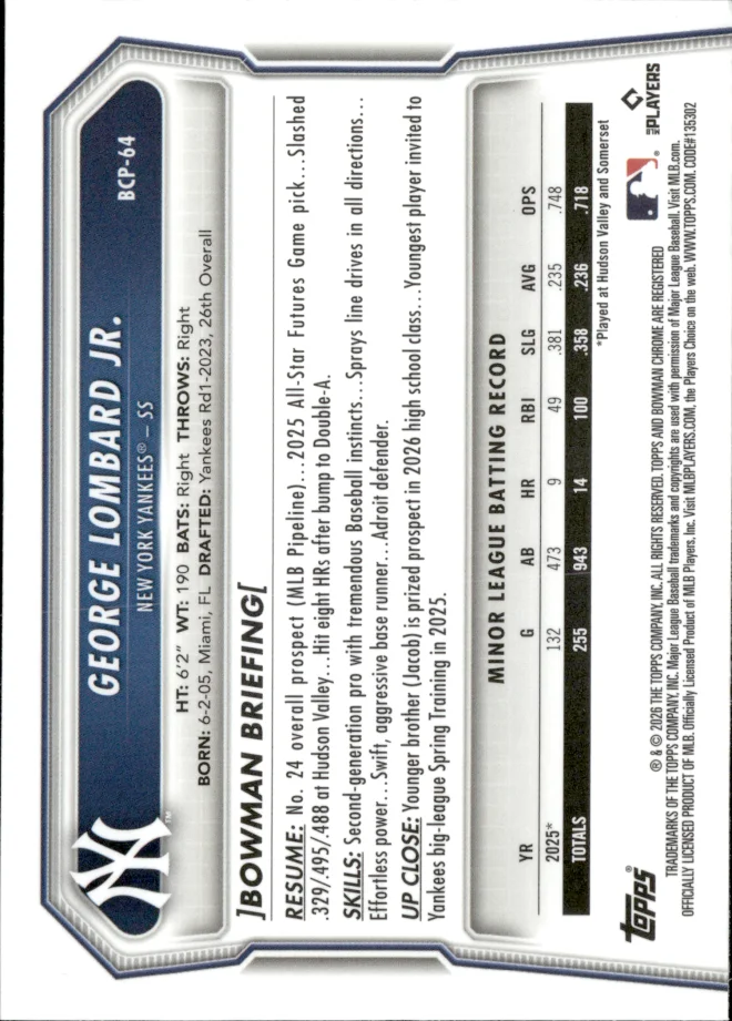 George Lombard Jr. card back