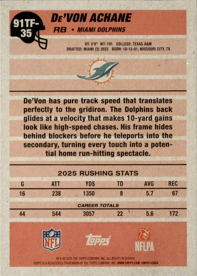 De'Von Achane card back
