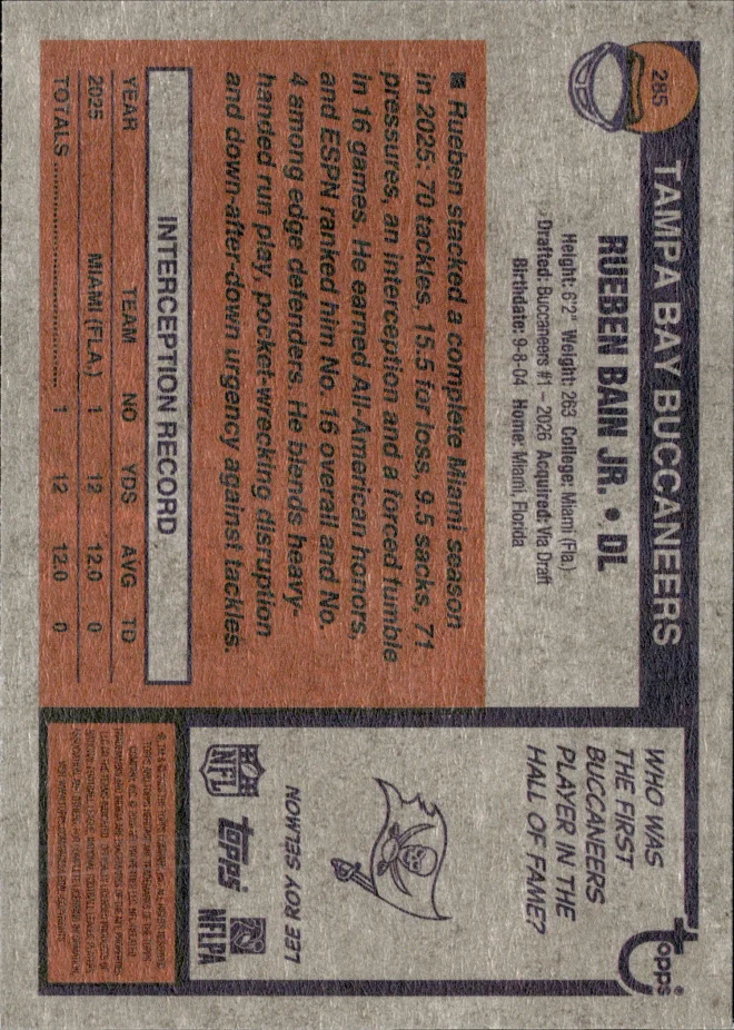 Rueben Bain Jr. card back