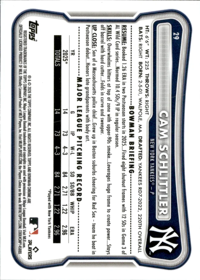 Cam Schlittler card back