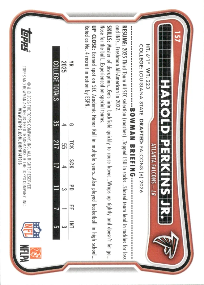 Harold Perkins Jr. card back