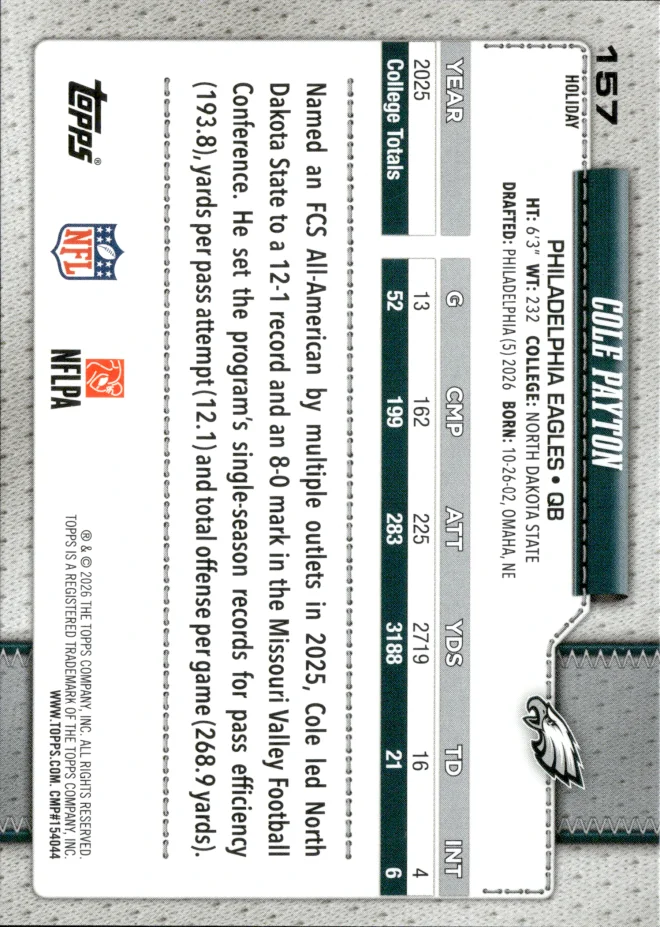 Cole Payton card back